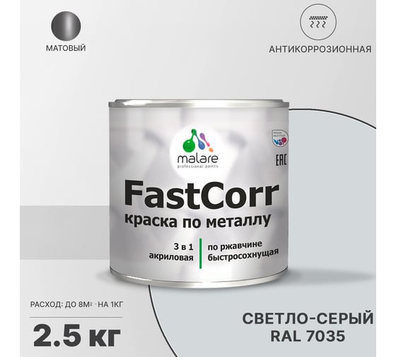 Краска по металлу MALARE FastCorr, краска по ржавчине, антикоррозийная, быстросохнущая, RAL 7035, светло-серый, матовая, 2,5 кг 2037892763063