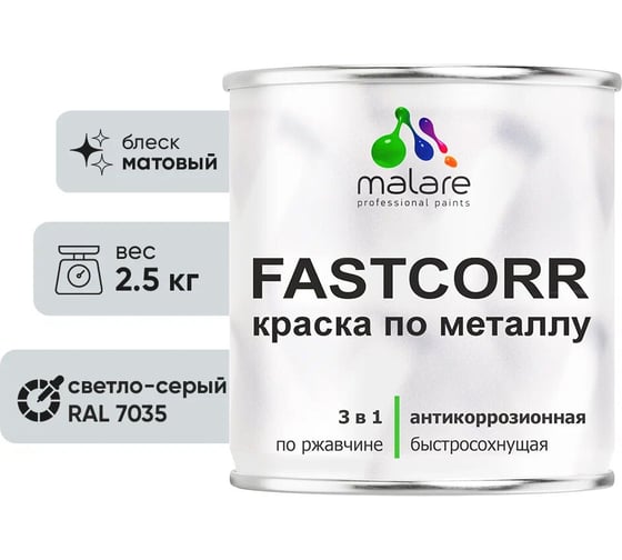 Краска по металлу MALARE FastCorr, краска по ржавчине, антикоррозийная, быстросохнущая, RAL 7035, светло-серый, матовая, 2,5 кг 2037892763063 1