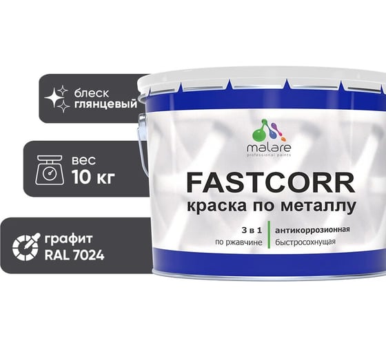 Краска по металлу MALARE FastCorr, краска по ржавчине, антикоррозийная, быстросохнущая, RAL 7024, графитово-серый(темный), глянцевая, 10 кг 2037892762615 1