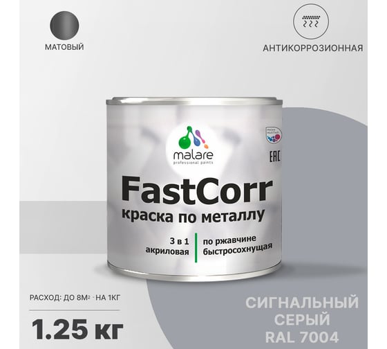 Краска по металлу MALARE FastCorr, краска по ржавчине, антикоррозийная, быстросохнущая, RAL 7004, сигнальный серый, матовая, 1,25 кг 2037892762462
