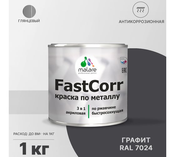 Краска по металлу MALARE FastCorr, краска по ржавчине, антикоррозийная, быстросохнущая, RAL 7024, графитово-серый(темный), глянцевая, 1 кг 2037892762585