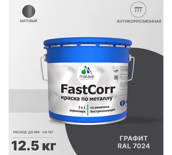 Краска по металлу MALARE FastCorr, краска по ржавчине, антикоррозийная, быстросохнущая, RAL 7024, графитово-серый(темный), матовая, 12,5 кг 2037892762769