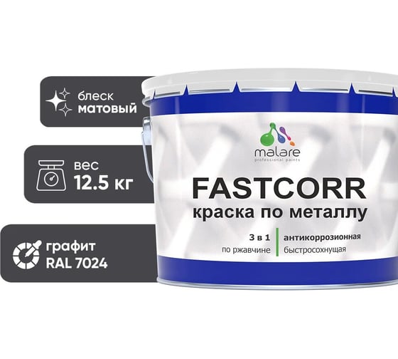 Краска по металлу MALARE FastCorr, краска по ржавчине, антикоррозийная, быстросохнущая, RAL 7024, графитово-серый(темный), матовая, 12,5 кг 2037892762769 1