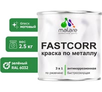 Краска по металлу MALARE FastCorr, краска по ржавчине, антикоррозийная, быстросохнущая, RAL 6032, зеленый, матовая, 2,5 кг 2037892762257