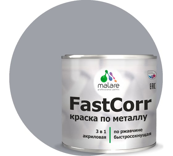 Краска по металлу MALARE FastCorr, краска по ржавчине, антикоррозийная, быстросохнущая, RAL 7004, сигнальный серый, глянцевая, 1 кг 2037892762318