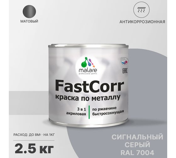 Краска по металлу MALARE FastCorr, краска по ржавчине, антикоррозийная, быстросохнущая, RAL 7004, сигнальный серый, матовая, 2,5 кг 2037892762523