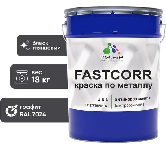Краска по металлу MALARE FastCorr, краска по ржавчине, антикоррозийная, быстросохнущая, RAL 7024, графитово-серый(темный), глянцевая, 18 кг 2037892762646 1