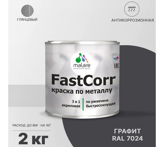 Краска по металлу MALARE FastCorr, краска по ржавчине, антикоррозийная, быстросохнущая, RAL 7024, графитово-серый(темный), глянцевая, 2 кг 2037892762677