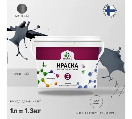 Краска MALARE Евро №3 для обоев, стен и потолков, гранитный, 1 л 2038063489744