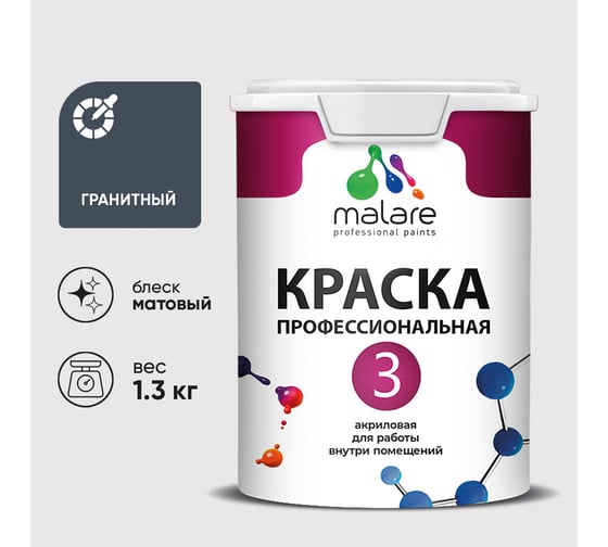 Краска для обоев, стен и потолков MALARE Евро №3, гранитный, 1 л (1,3 кг) КЕВРО3ГРАМ0130