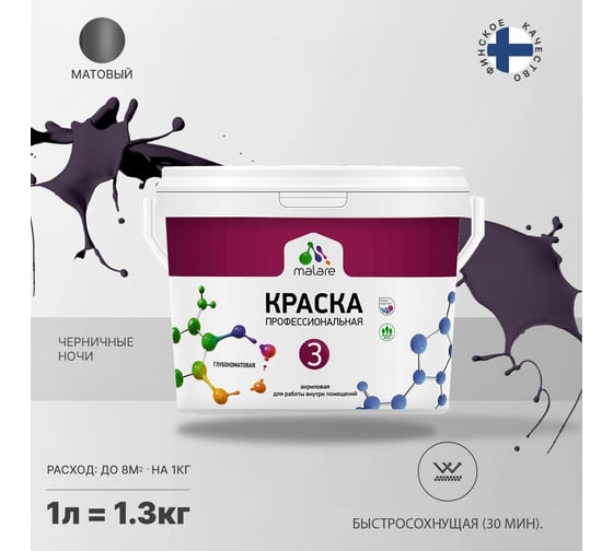 Краска MALARE Евро №3 для обоев, стен и потолков, черничные ночи, 1 л 2038063679947