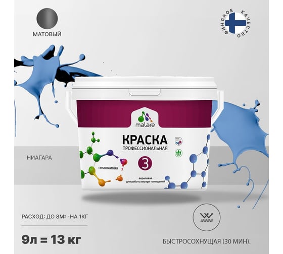 Краска MALARE Евро №3 для обоев, стен и потолков, ниагара, 9 л 2038063489157