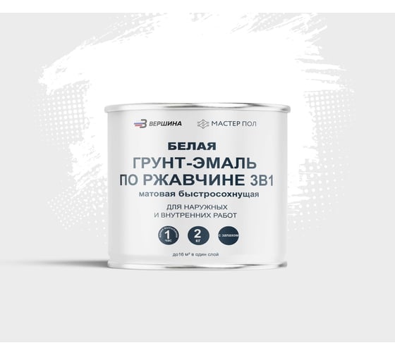 Грунт-эмаль Grom по металлу и ржавчине 3 в 1 белая 2кг 70593