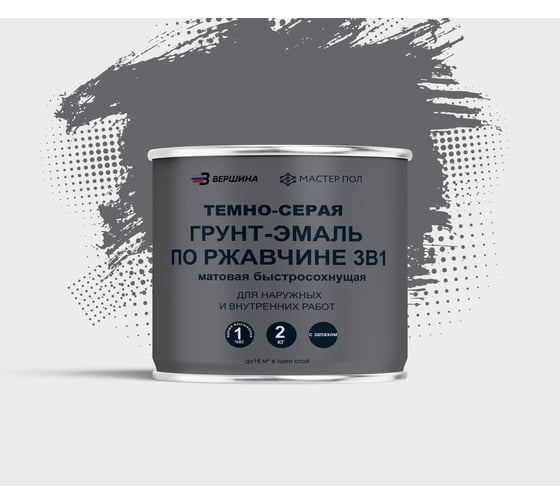 Грунт-эмаль Grom по металлу и ржавчине 3 в 1 темно-серая 2кг 70432