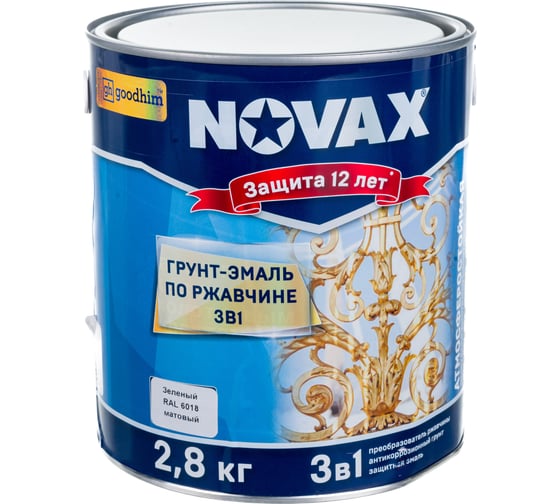 Грунт-эмаль Goodhim NOVAX 3в1 зеленый RAL 6018, матовая, 2,8 кг 39818