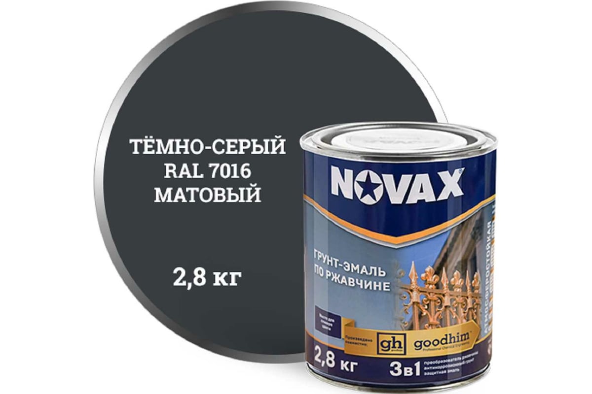 Грунт-эмаль Goodhim NOVAX 3в1 темно-серый RAL 7016, матовая, 3 л 2,8 кг  11035 - выгодная цена, отзывы, характеристики, фото - купить в Москве и РФ