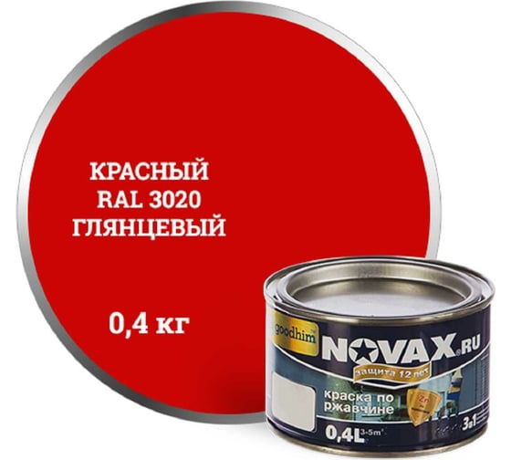 Грунт-эмаль Goodhim NOVAX 3в1 красный RAL 3020, глянцевая, 0,4 кг 10656