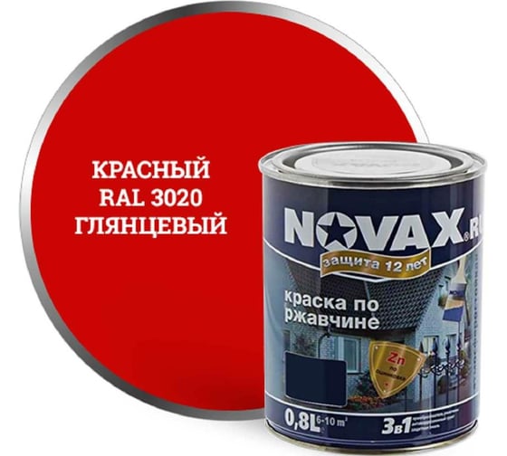 Грунт-эмаль Goodhim NOVAX 3в1 красный RAL 3020, глянцевая, 0,8 кг 10748