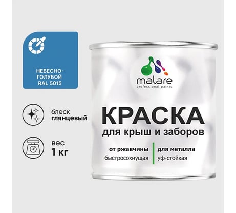 Краска по металлу MALARE для крыш и заборов, по ржавчине, быстросохнущая, износостойкая, глянцевая, небесно-голубой, 1 кг КМЗ5015Г0100