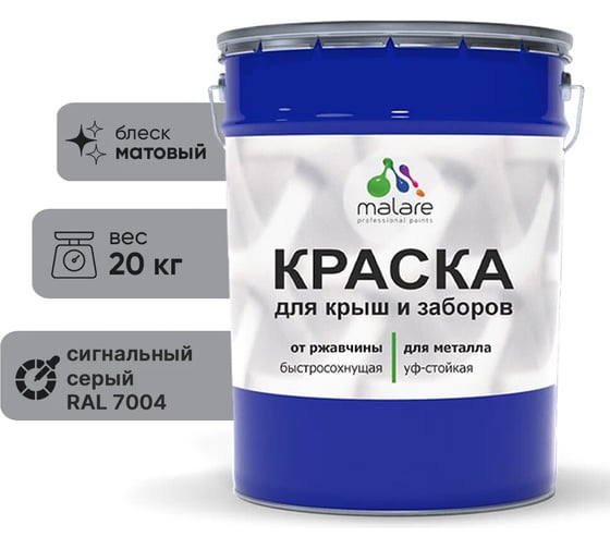 Краска для забора и крыши из металла MALARE антикоррозионная, матовый, сигнальный серый, 20 кг 2038119904238 1