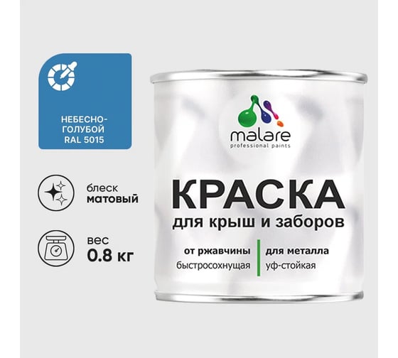 Краска по металлу MALARE для крыш и заборов, по ржавчине, быстросохнущая, износостойкая, матовый, небесно-голубой, 0,8 кг 2038119904078 1