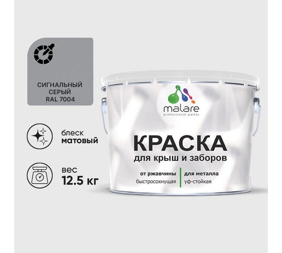 Краска по металлу MALARE для крыш и заборов, по ржавчине, быстросохнущая, износостойкая, матовый, сигнальный серый, 12,5 кг 2038119903934 1