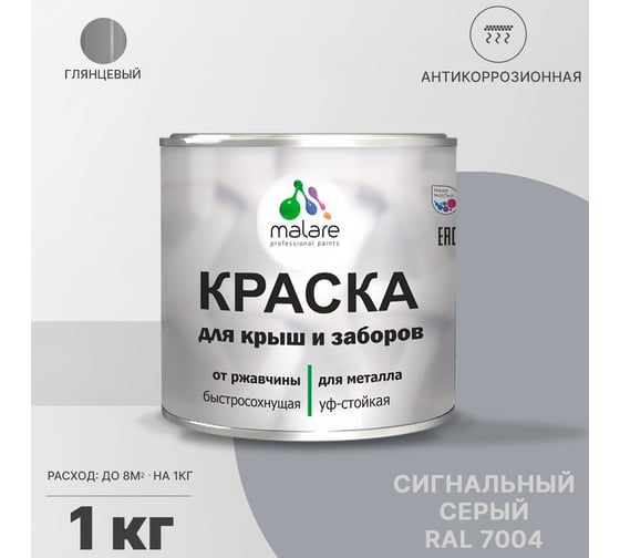 Краска для забора и крыши из металла MALARE антикоррозионная, глянцевый, сигнальный серый, 1 кг 2038119903453