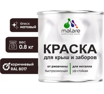 Краска по металлу MALARE для крыш и заборов, по ржавчине, быстросохнущая, износостойкая, матовый, коричневый, 0,8 кг 2038119902586