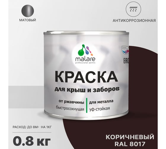Краска для забора и крыши из металла MALARE антикоррозионная, матовый, коричневый, 0.8 кг 2038119902586