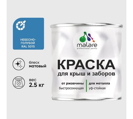 Краска по металлу MALARE для крыш и заборов, по ржавчине, быстросохнущая, износостойкая, матовая, небесно-голубой, 2,5 кг КМЗ5015М0250