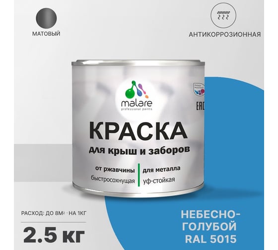 Краска для забора и крыши из металла MALARE антикоррозионная, матовый, небесно-голубой, 2.5 кг 2038119903200