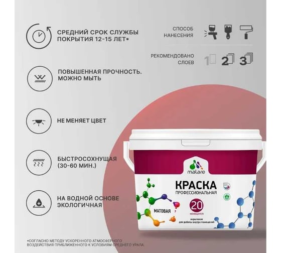 Краска MALARE Euro №20 для стен и обоев, потолков, моющаяся, матовая, георгин, 13 кг 2038242444861
