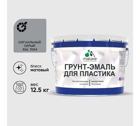 Грунт-Эмаль MALARE для пластика, окон и подоконников, сайдинга, матовый, сигнальный серый 12,5 кг ГЭПЛСТ7004М1250