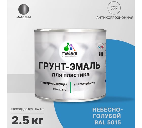 Грунт-эмаль для пластика, окон и подоконников, сайдинга MALARE матовый, небесно-голубой 2,5 кг 2038119903842
