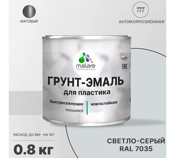 Грунт-эмаль для пластика, окон и подоконников, сайдинга MALARE матовый, светло-серый, 0,8 кг 2038119903569