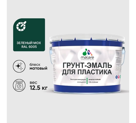 Грунт-Эмаль MALARE для пластика, окон и подоконников, сайдинга, матовый, зеленый мох 12,5 кг ГЭПЛСТ6005М1250