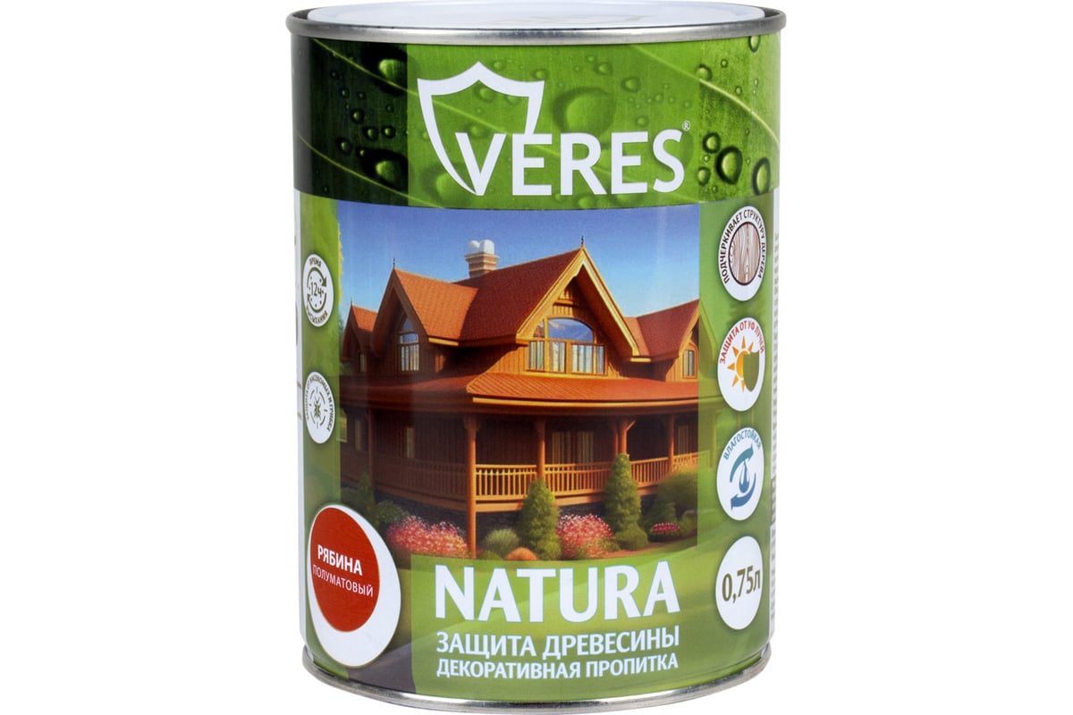 Декоративная пропитка для дерева VERES Natura полуматовая, 0.75 л, рябина  262294 - выгодная цена, отзывы, характеристики, фото - купить в Москве и РФ