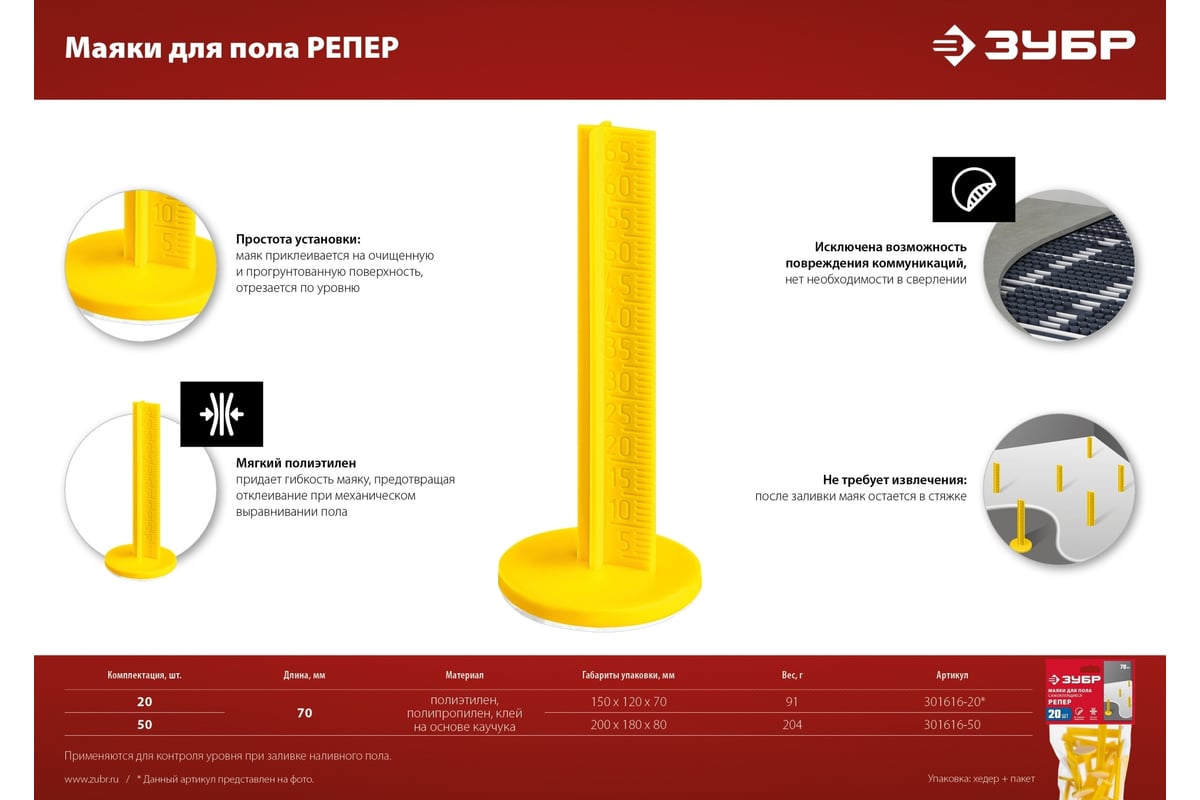 Репер Маяки для пола ЗУБР 70 мм, самоклеящиеся, 20 шт 301616-20