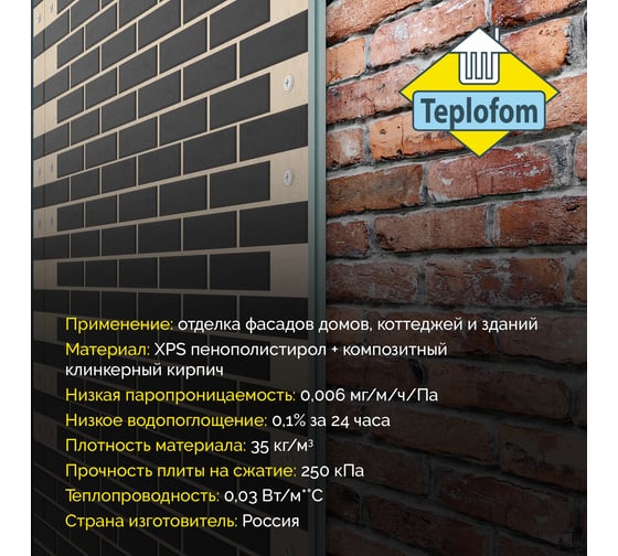 Фасадная панель декоративная под кирпич Teplofom+ 30мм 4 шт (2.88 м2) для наружной отделки дома и утепление стен Пес/ГрТ30