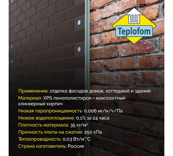Фасадная панель декоративная под кирпич Teplofom 30мм 4 шт (2.88 м2) для наружной отделки дома и утепление стен Асф/ТемшокТ30