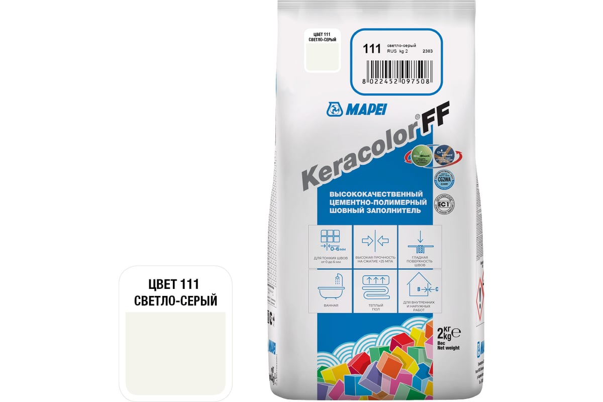 Затирка MAPEI KERACOLOR FF № 111/2кг (Светло-серый) 5QA011102A - выгодная  цена, отзывы, характеристики, фото - купить в Москве и РФ