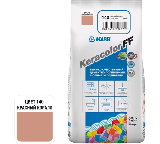 Затирка MAPEI KERACOLOR FF № 140, 2 кг, красный коралл 5QA014002A