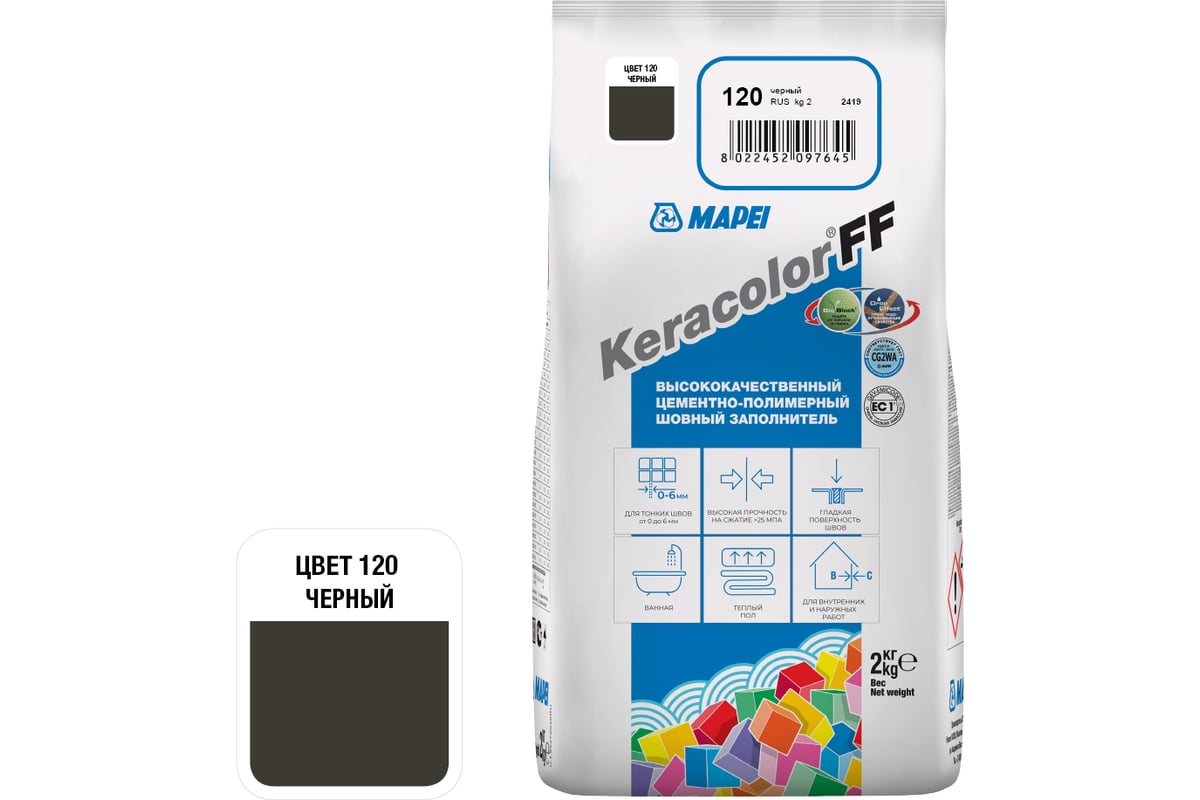 Затирка MAPEI KERACOLOR FF № 120, 2 кг, черный 5QA012002A