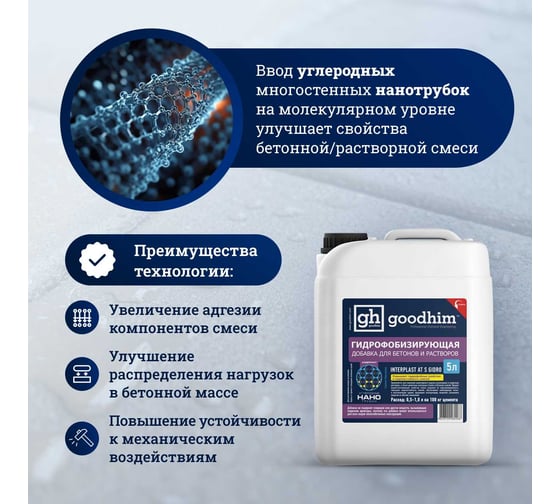 Гидрофобизирующая добавка для бетонов и растворов Goodhim INTERPLAST AT S GIDRO, 5 л 82268