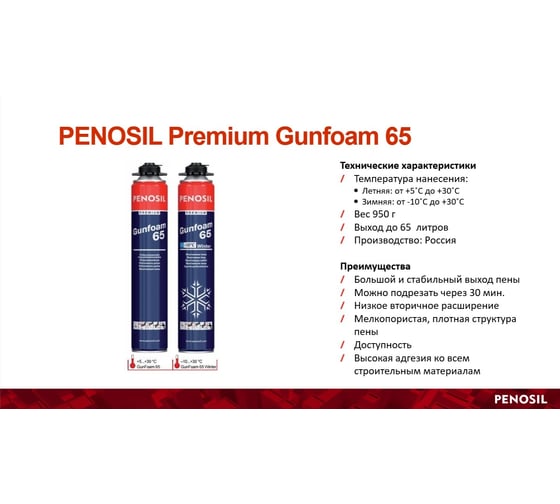 Монтажная профессиональная пена Penosil зимняя Premium Gunfoam 65 winter 870 мл A1389Z