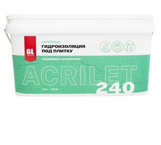 Гидроизоляция под плитку GL Technology ACRILET 240 с кварцевым песком, 5 кг, зеленая А240-5