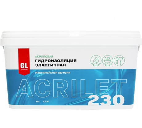 Гидроизоляция для ванной и влажных помещений GL Technology ACRILET 230 , 3 кг, голубая А230-3