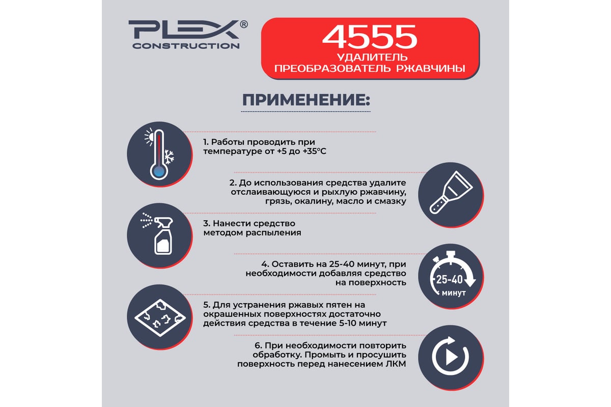 Удалитель и преобразователь ржавчины (готовый) PLEX 4555 0,5 л УТ000007605