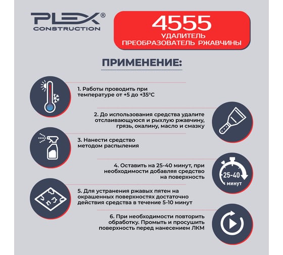 Удалитель и преобразователь ржавчины (готовый) PLEX 4555 0,5 л УТ000007605