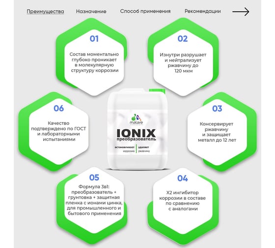 Преобразователь ржавчины с ионами цинка MALARE IONIX для авто/ удалитель ржавчины с металла универсальный, 10л. 4610362814670